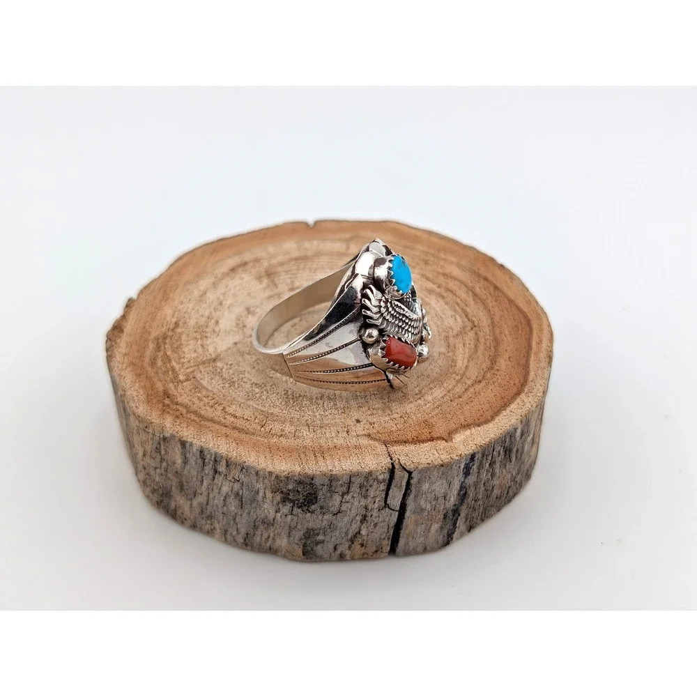 Navajo Men's Eagle Ring Sterling Silver Turquoise Signed Grace Smith Sz 11.5 ***